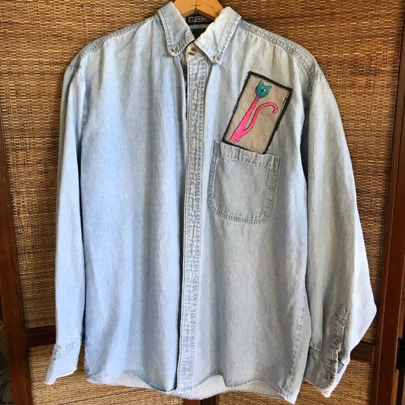 Upcycled Denim Cat Shirt (Size L): Kitty Graphics, Patchwork Festival Jacket - Picture 3 of 9